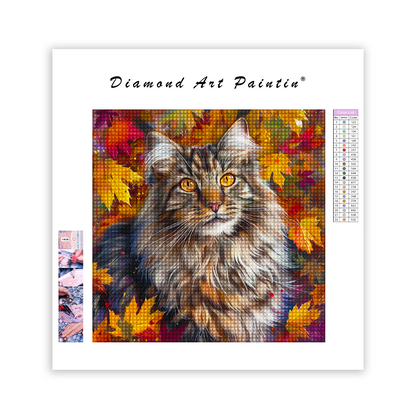 Katzenkopf umgeben von Herbstblättern – Diamond Painting