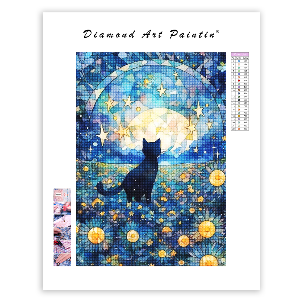 Sternenhimmel und Katze - Diamantmalerei