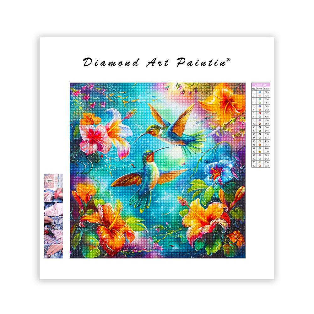 Bird on a colorfull flower - Diamond Painting