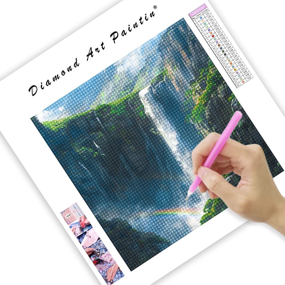 A waterfall with a rainbow - Diamond Painting