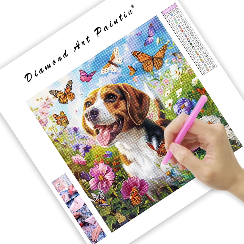 Beagle de jardin de jonquilles - Peinture au diamant