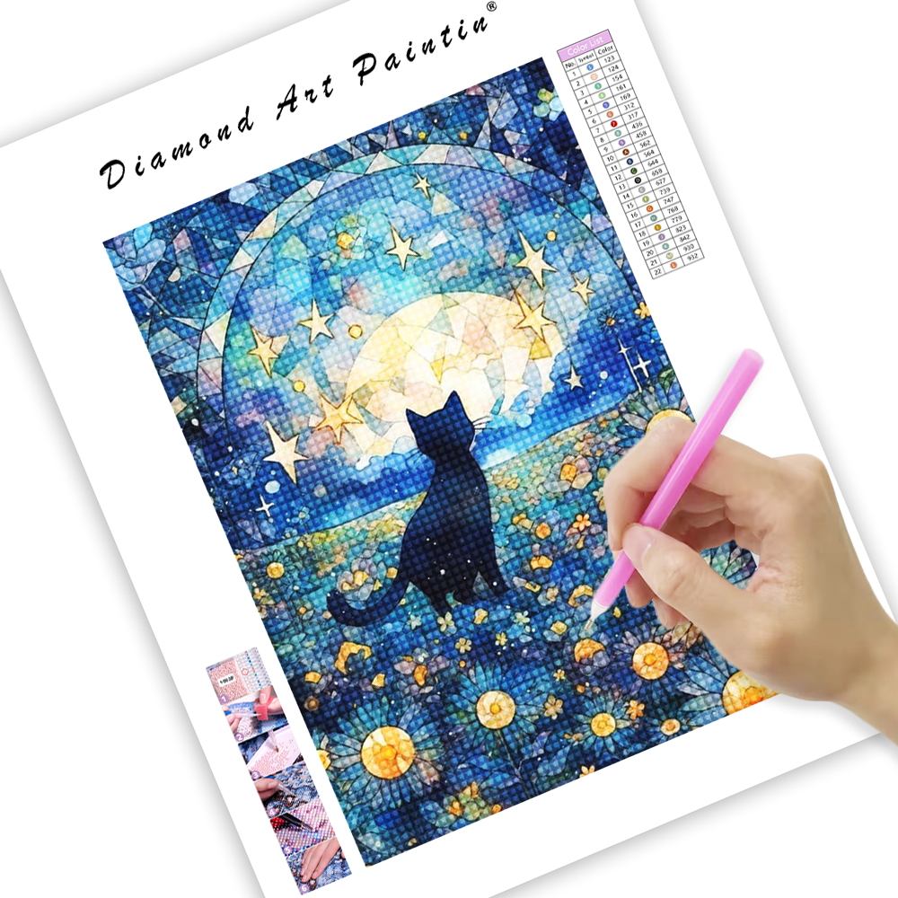 Sternenhimmel und Katze - Diamantmalerei