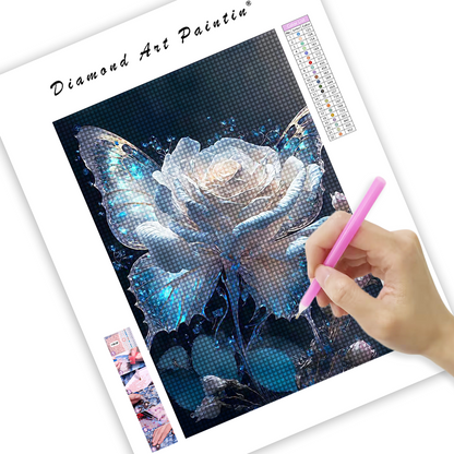 Fleurs blanches et papillons bleus - Peinture diamant