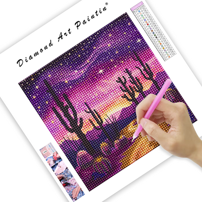 Minimalistic desert scene with cactus - Diamond Painting