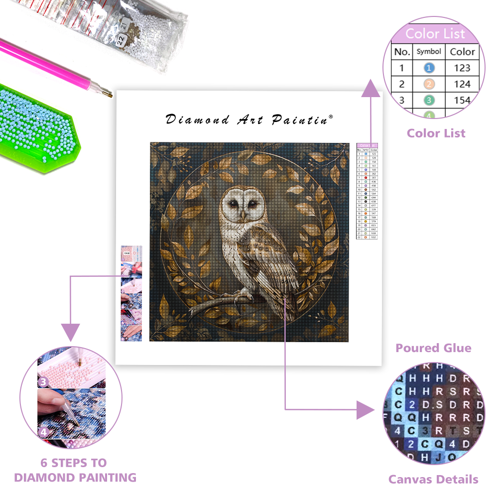 Brown Owl On Dark Tree - Diamond Painting