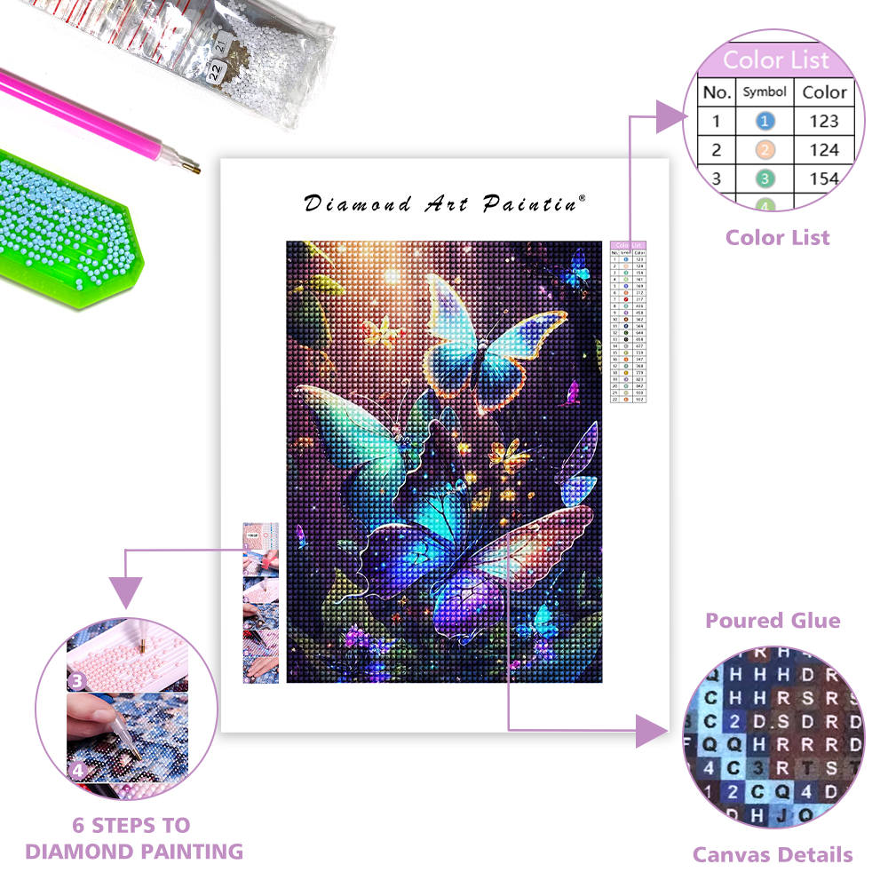 Schmetterlinge fliegen durch einen Blumengarten - Diamond Painting