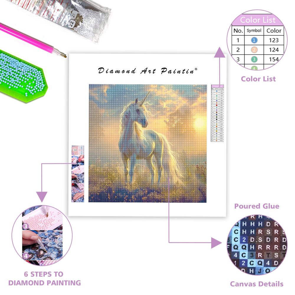 Unicorn in a forest with flowers - Diamond Painting