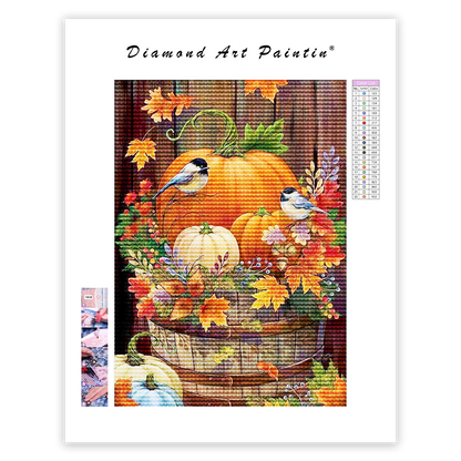 Autumn Pumpkin Bird Leaves - Diamond Painting