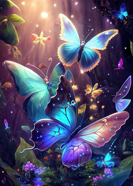 Les papillons volent autour d'un jardin fleuri - Diamond Painting