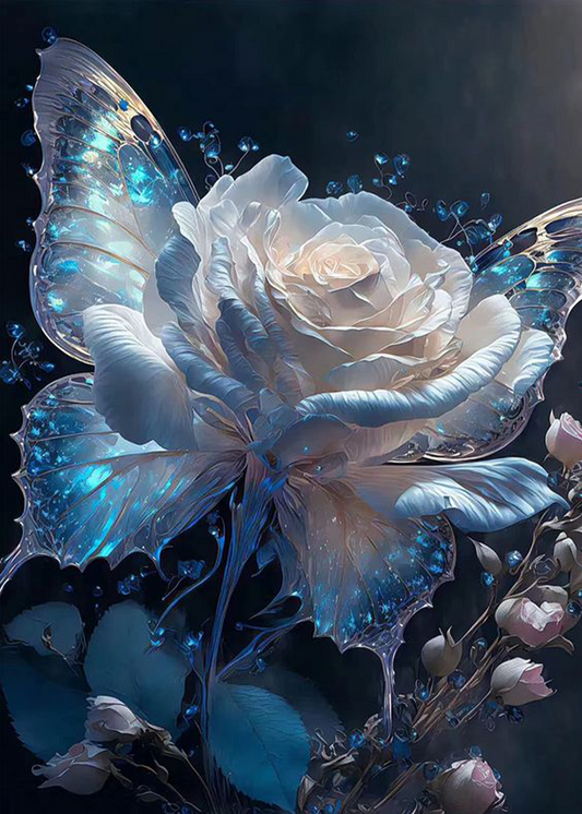 Weiße Blumen und blaue Schmetterlinge - Diamantmalerei