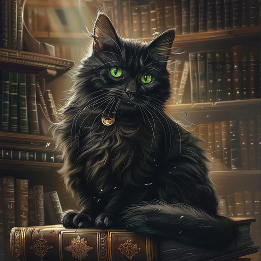 Chat noir sur une pile de livres - Peinture au diamant