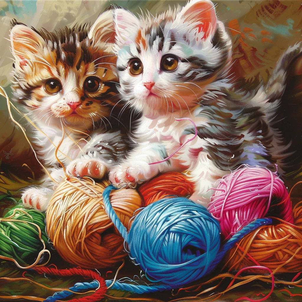 Kittens playing with yarn - Diamond Painting