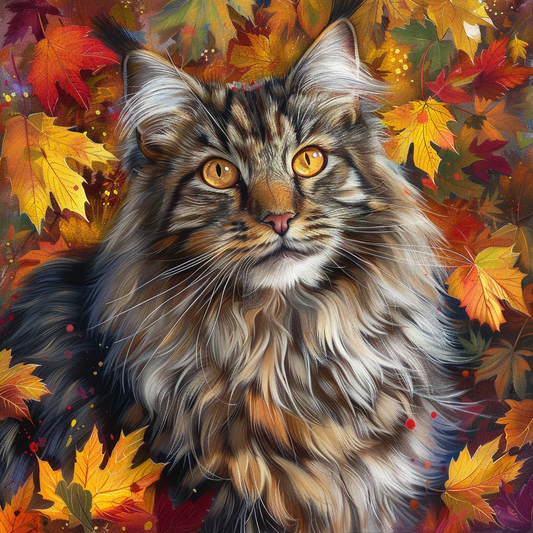 Tête de chat entourée de feuilles d'automne - Diamond Painting