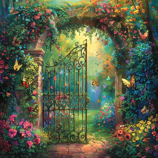A garden with an iron gate filled - Diamond Painting