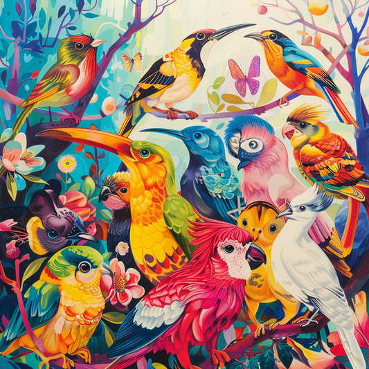 A colorful jungle with birds - Diamond Painting