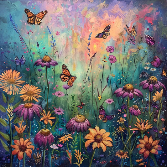 Schmetterlingsgarten in voller Blüte gemalt - Diamantmalerei