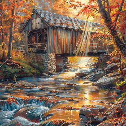 Un pont couvert à l'automne - Peinture au diamant